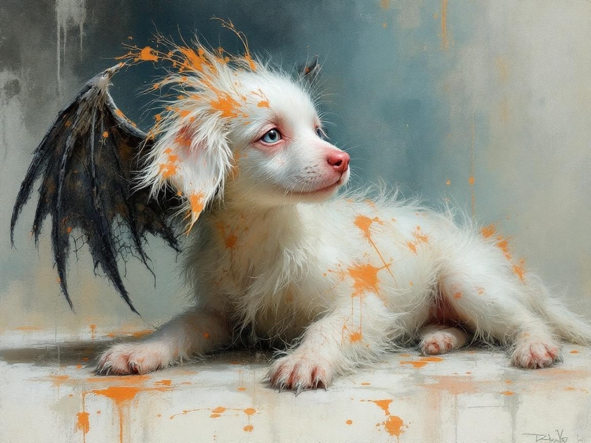 Digital painting of a fluffy puppy demon with wing