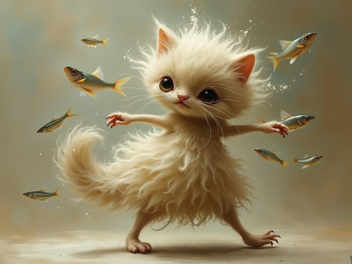 Whimsical Kitten Dancing with Swirling Fish