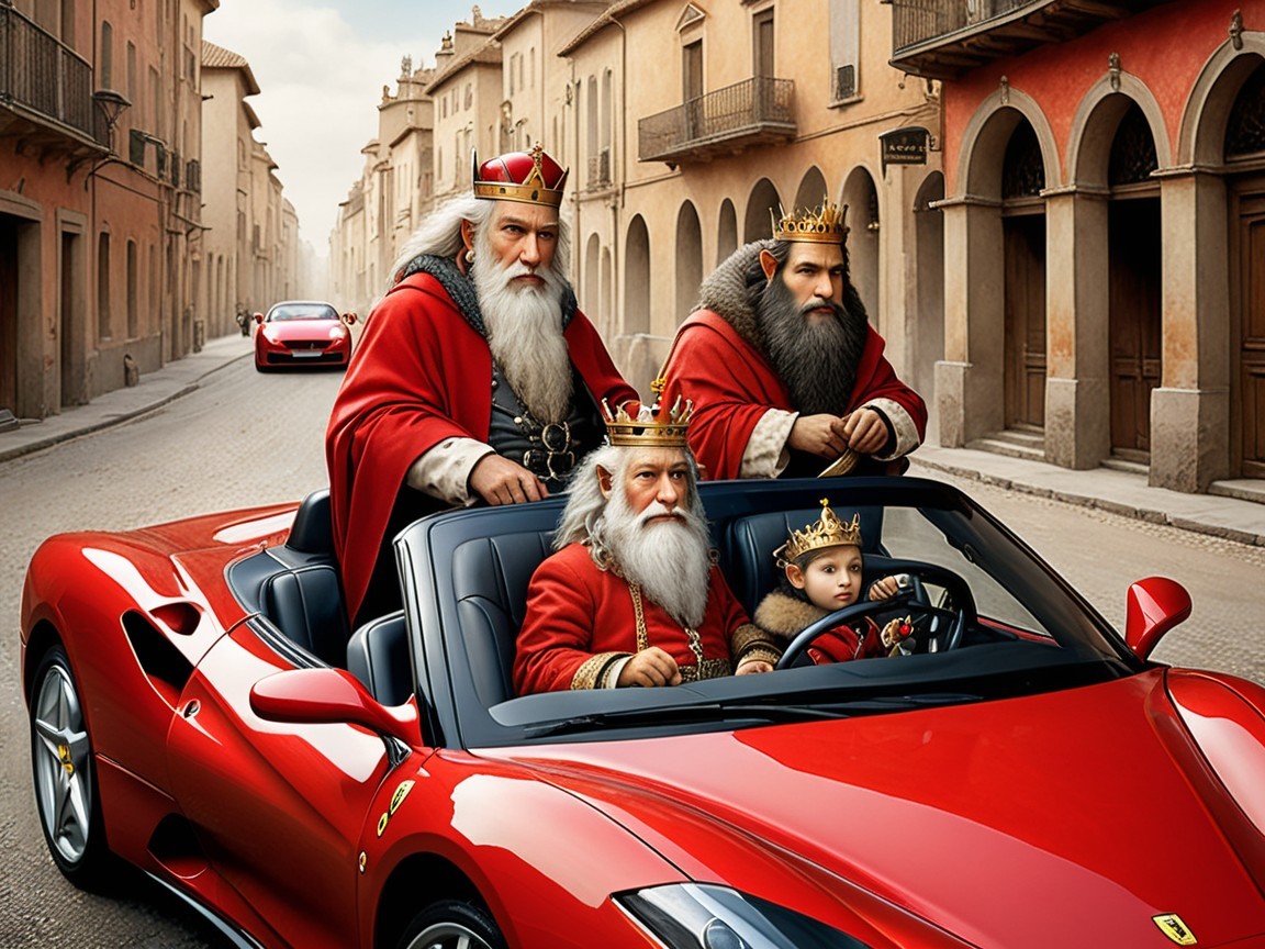 Kings in Red Robes Driving Ferraris on Cobblestone Street