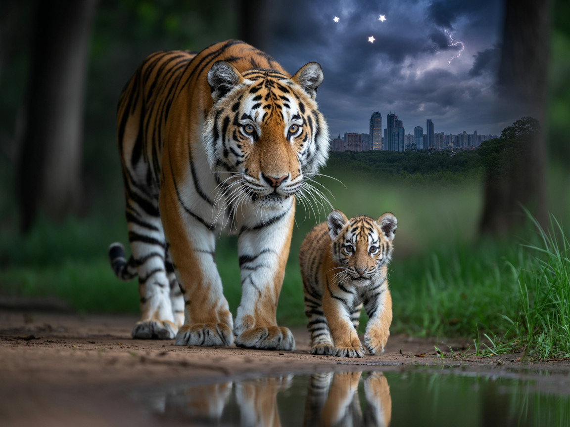 Adult Tiger and Cub in Lush Landscape with Skyline