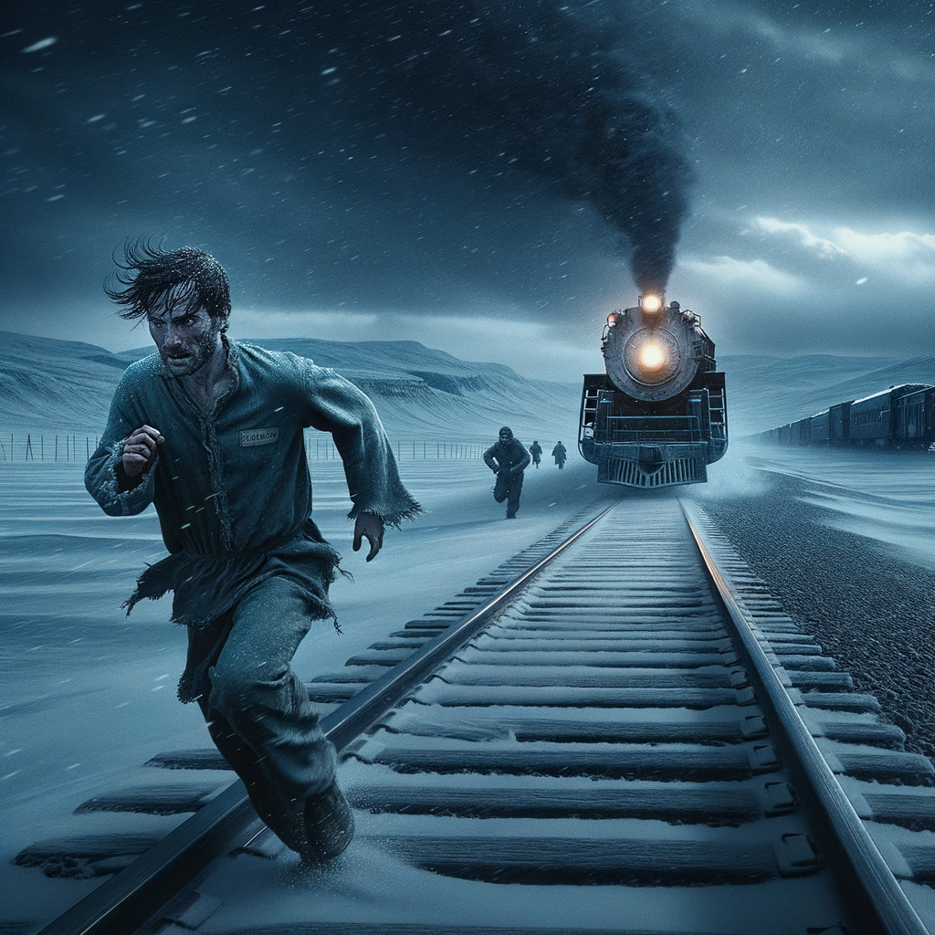 Desperate man running beside snow-covered train tracks