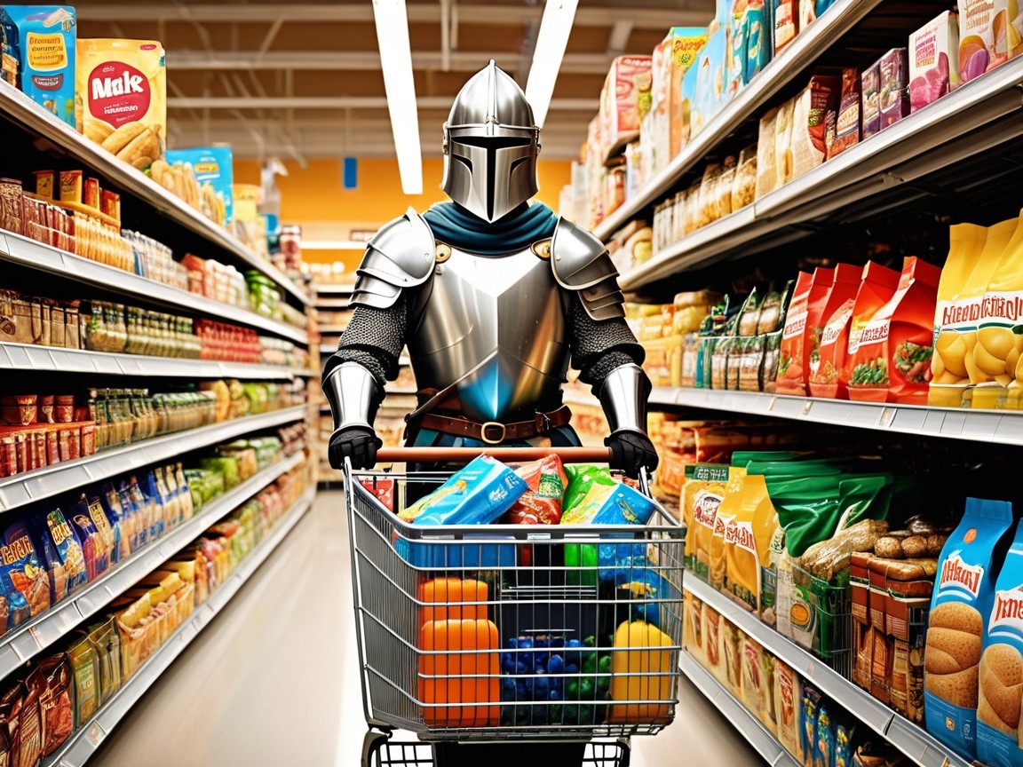 Knight in Armor Shopping in Grocery Store Aisle