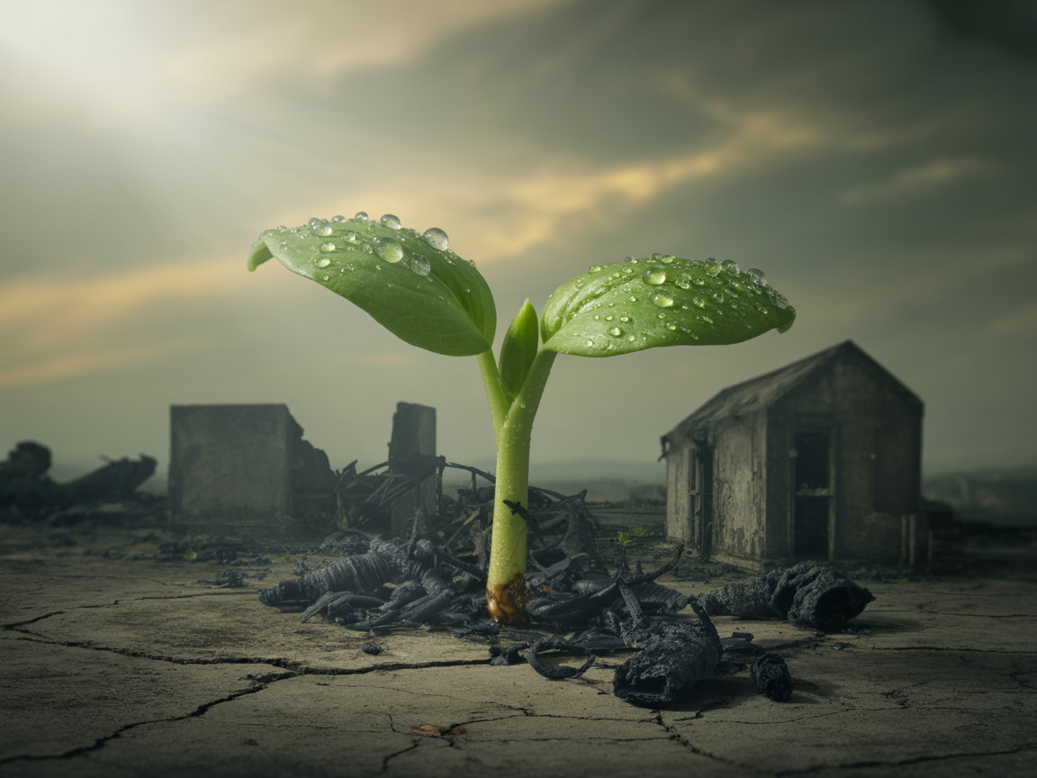 Emergence of a Green Sprout in a Ruined Landscape