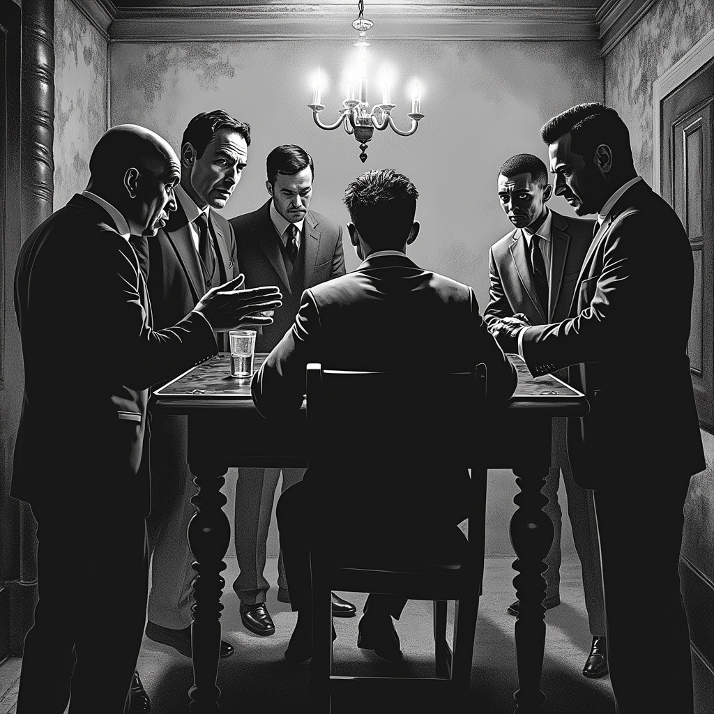 Men in suits discussing in a dimly lit room