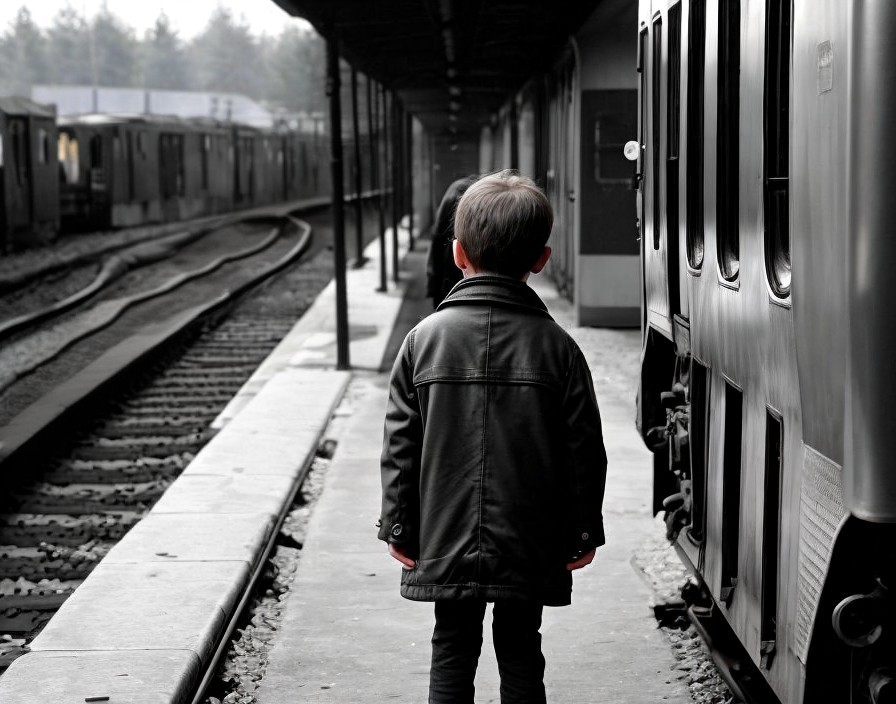Young boy in dark jacket on empty train platform