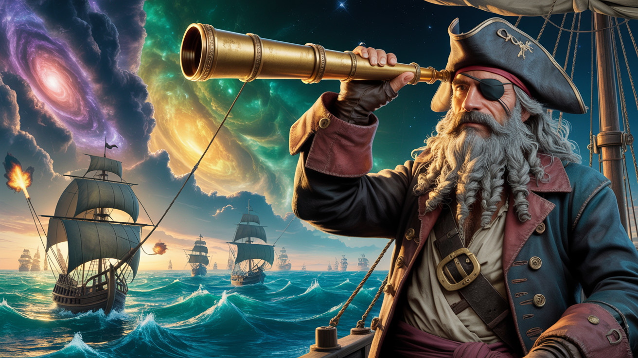 Weathered pirate captain on ship with cosmic backdrop