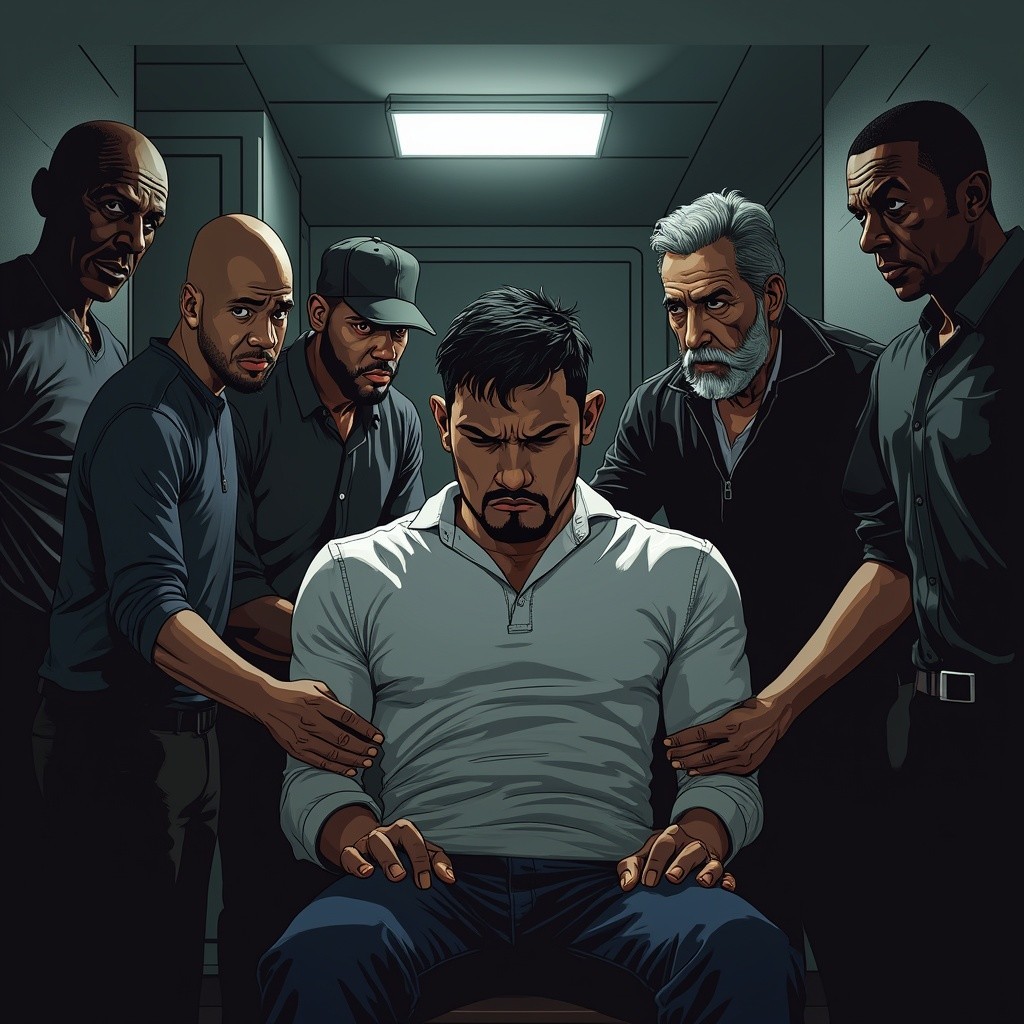 Tense Scene with Five Men in Dimly Lit Room