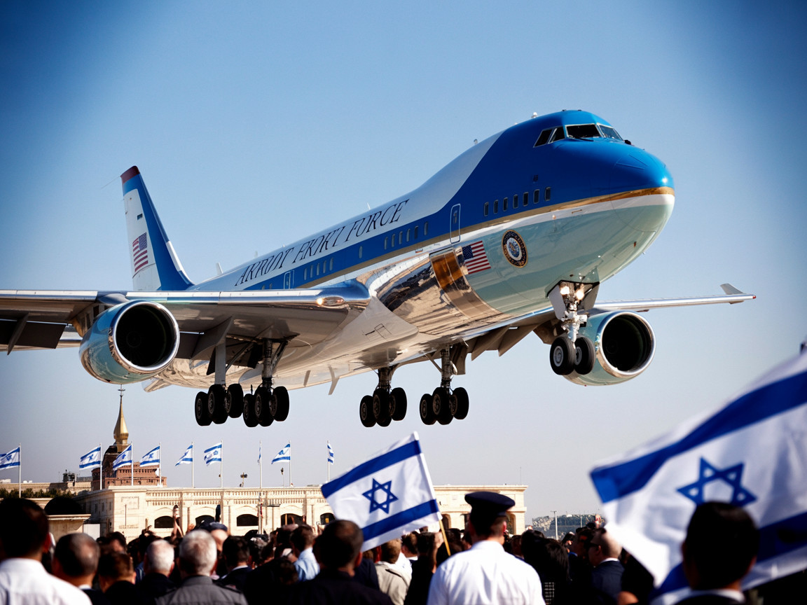 Large Aircraft Landing Over Crowd with Israeli Flags