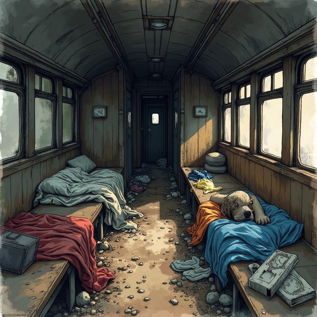 Abandoned Train Car with Makeshift Beds and Dog