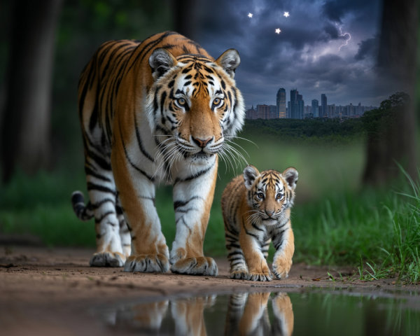 Adult Tiger and Cub in Lush Landscape with Skyline