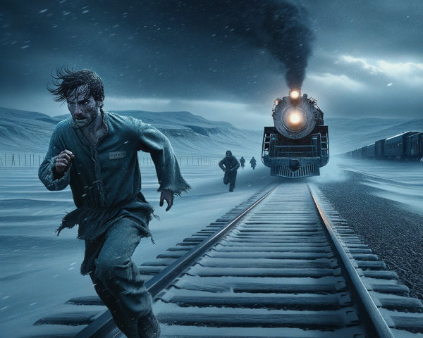 Desperate man running beside snow-covered train tracks