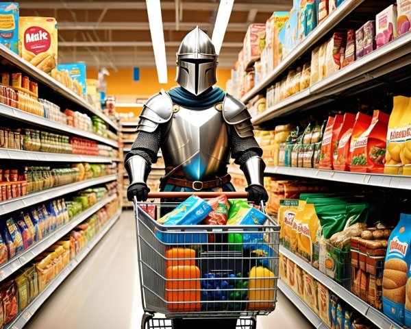 Knight in Armor Shopping in Grocery Store Aisle