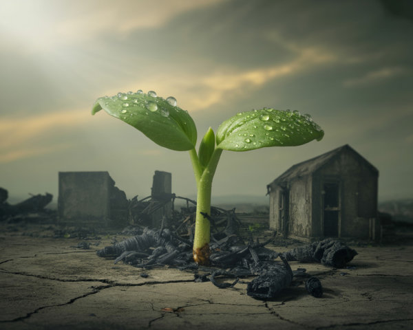 Emergence of a Green Sprout in a Ruined Landscape