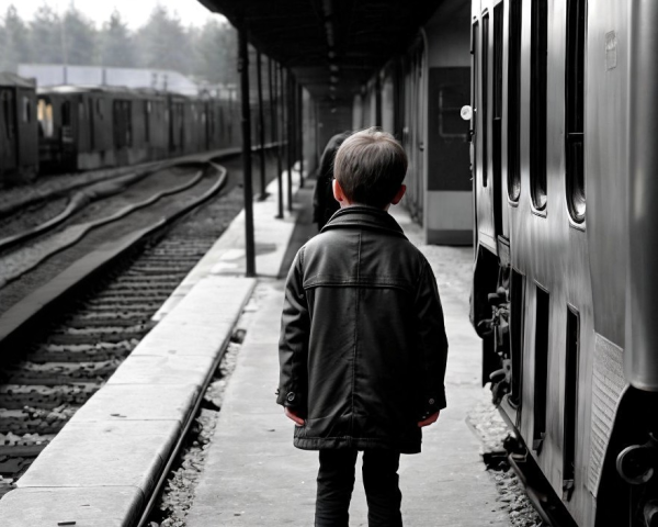 Young boy in dark jacket on empty train platform