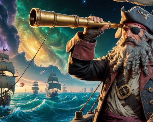 Weathered pirate captain on ship with cosmic backdrop