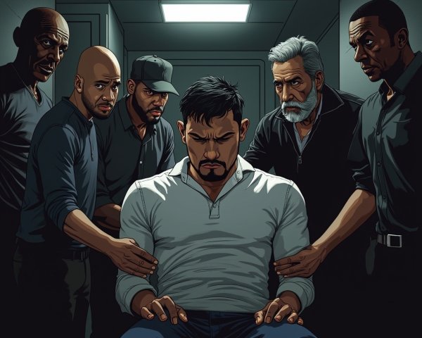 Tense Scene with Five Men in Dimly Lit Room