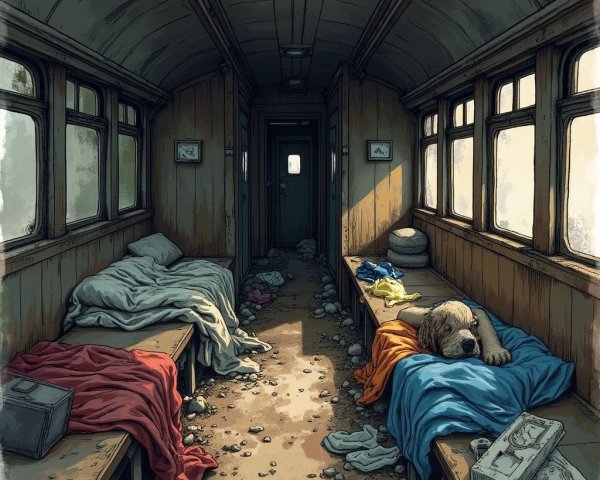 Abandoned Train Car with Makeshift Beds and Dog