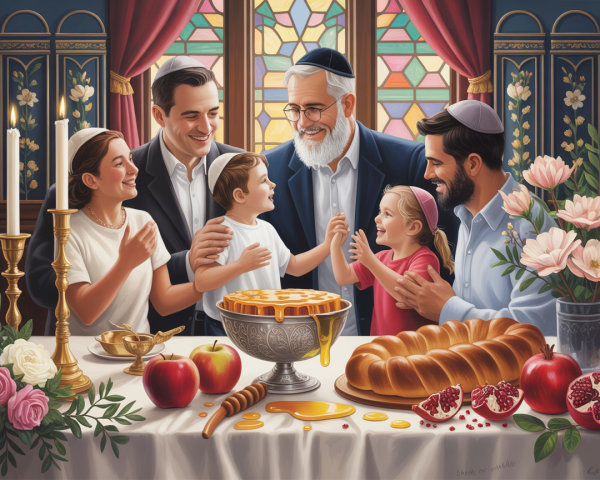 Family Gathering with Festive Meal and Stained Glass