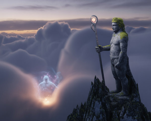 Stone Statue on Mountain Peak Surrounded by Clouds