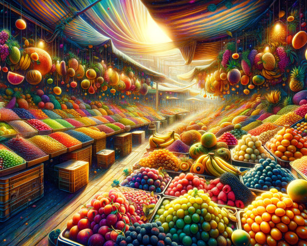 Vibrant Market Scene with Colorful Fruits and Stalls