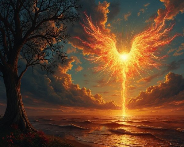 Mystical Phoenix Rising from Ocean at Sunset