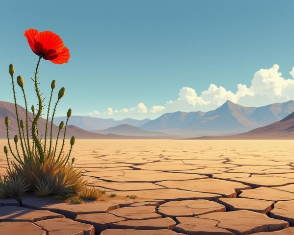 Vibrant Red Poppy in Arid Landscape with Blue Sky