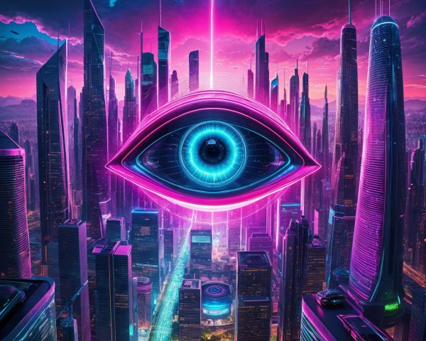Futuristic cityscape with glowing eye and vibrant sky