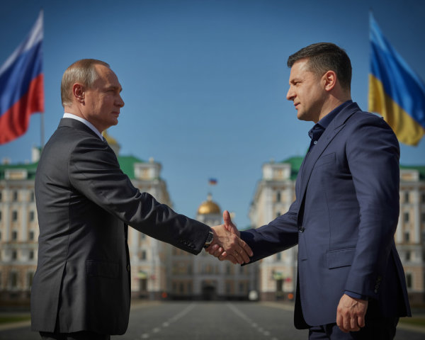 Leaders Shake Hands at Diplomatic Meeting with Flags