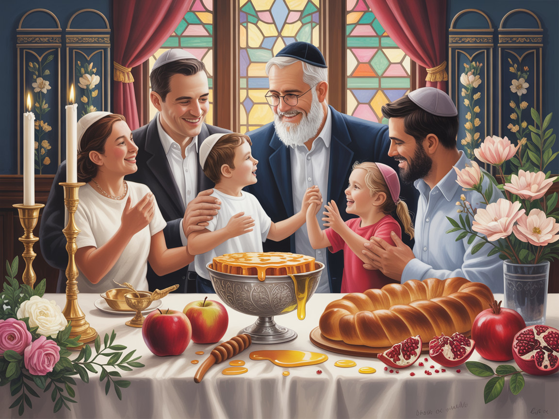 Family Gathering with Festive Meal and Stained Glass
