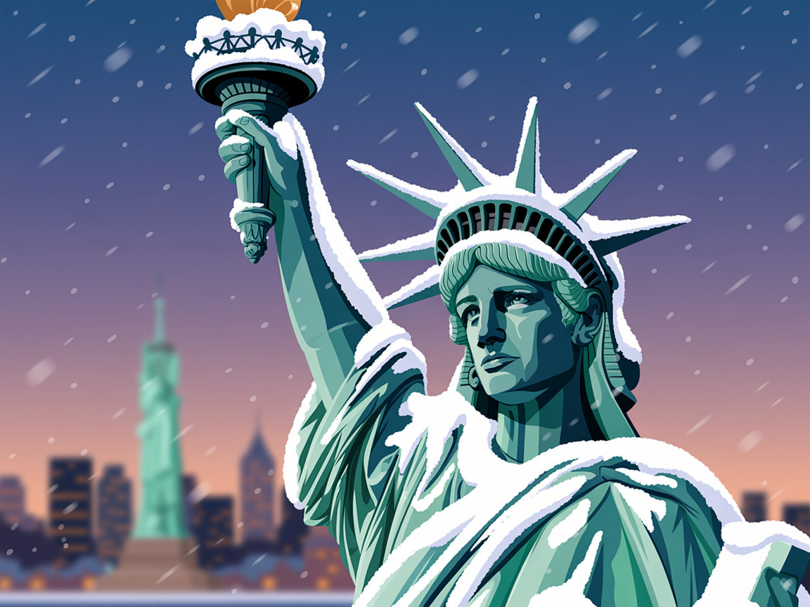 Statue of Liberty in Snowy Winter Landscape