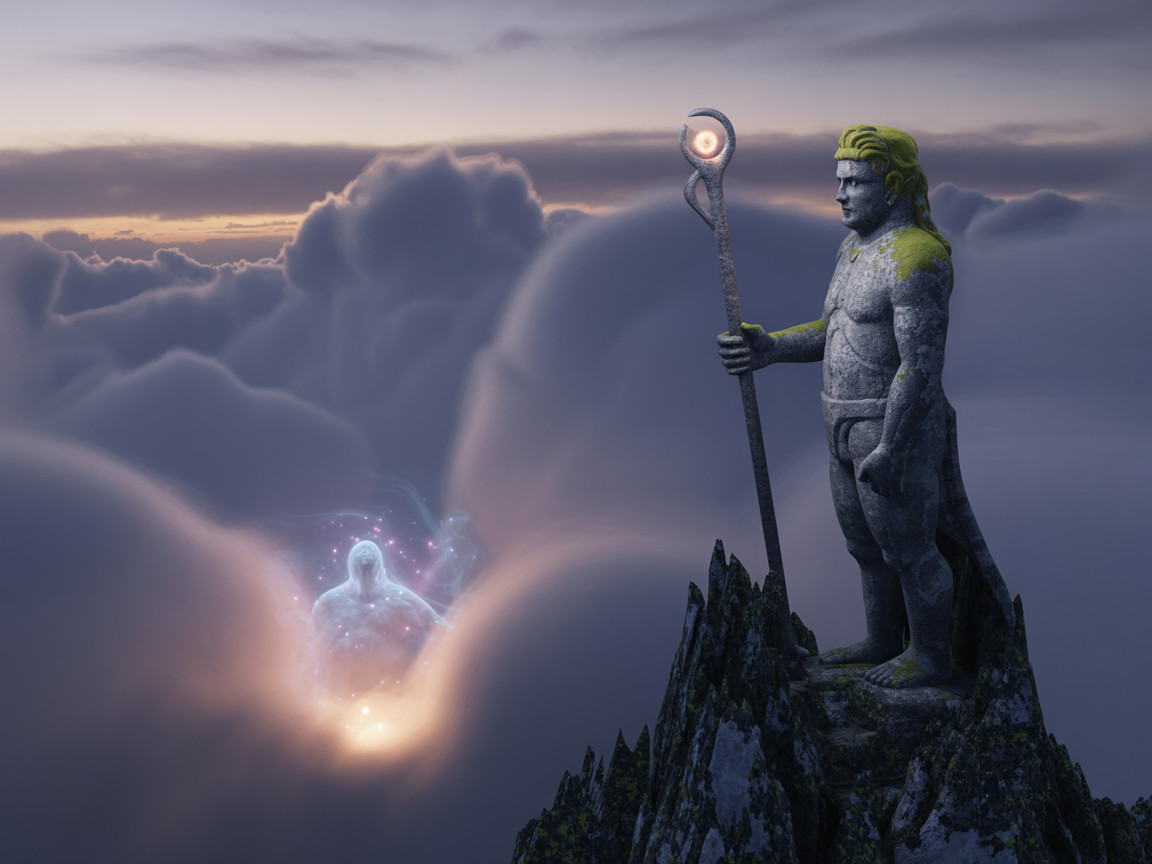 Stone Statue on Mountain Peak Surrounded by Clouds