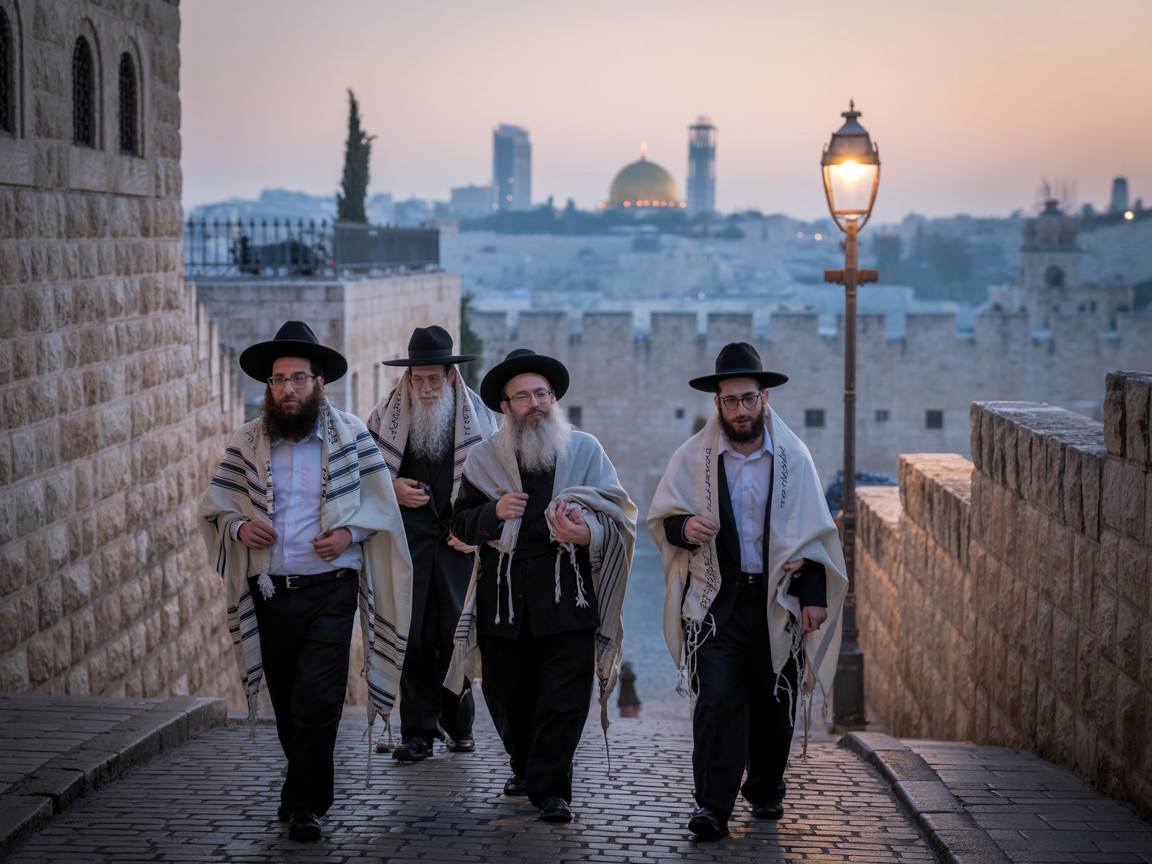 Orthodox Jewish Men in Traditional Attire on Cobblestone Street