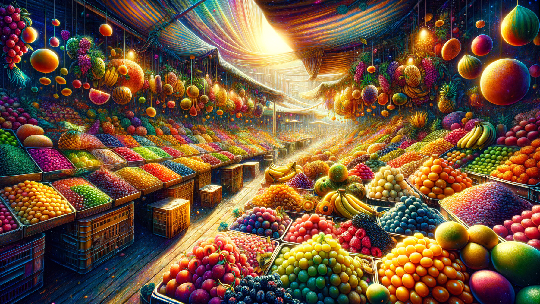 Vibrant Market Scene with Colorful Fruits and Stalls