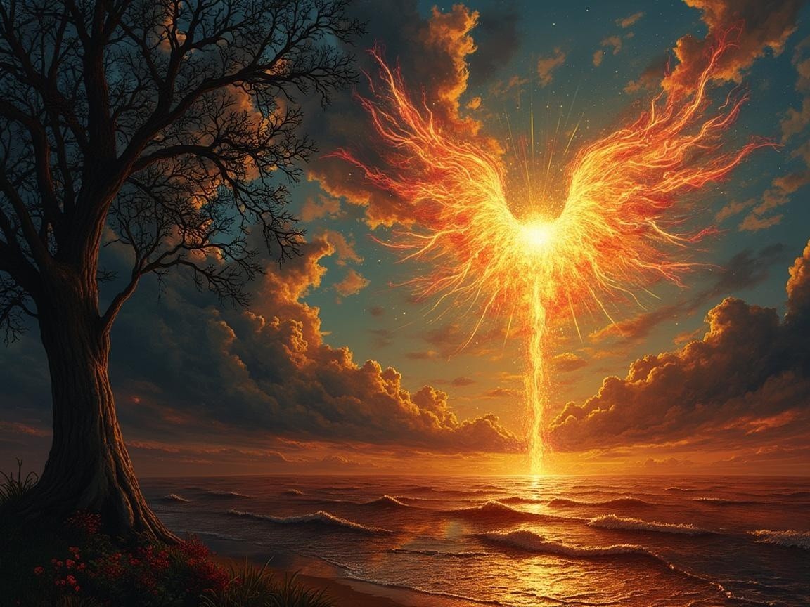 Mystical Phoenix Rising from Ocean at Sunset
