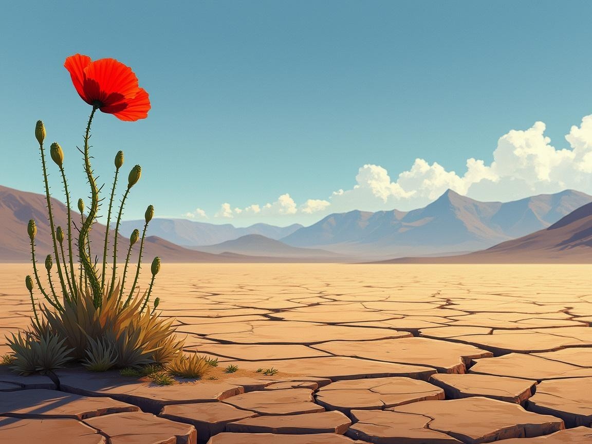 Vibrant Red Poppy in Arid Landscape with Blue Sky