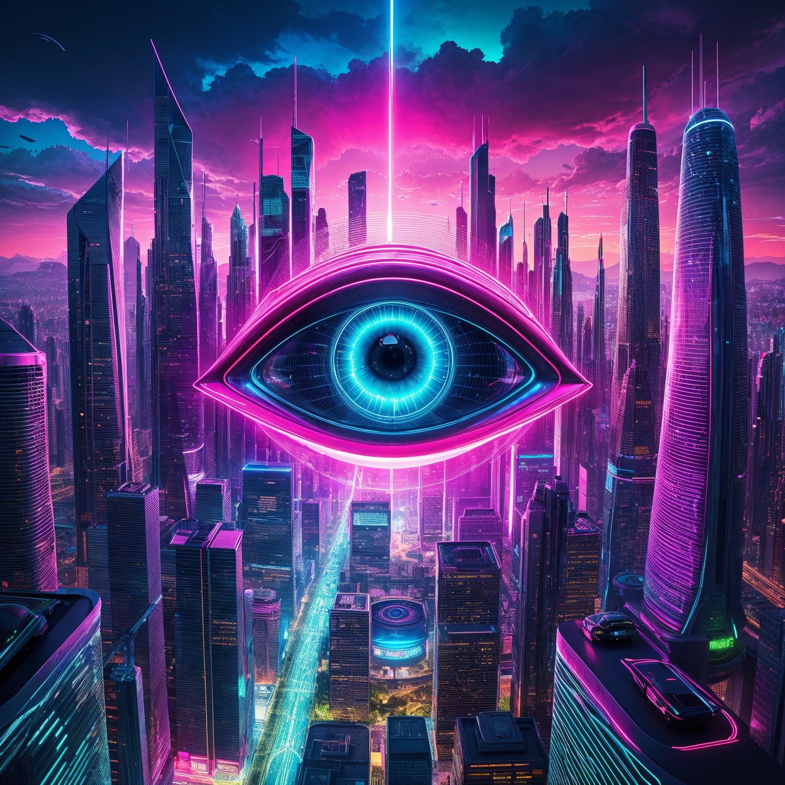 Futuristic cityscape with glowing eye and vibrant sky