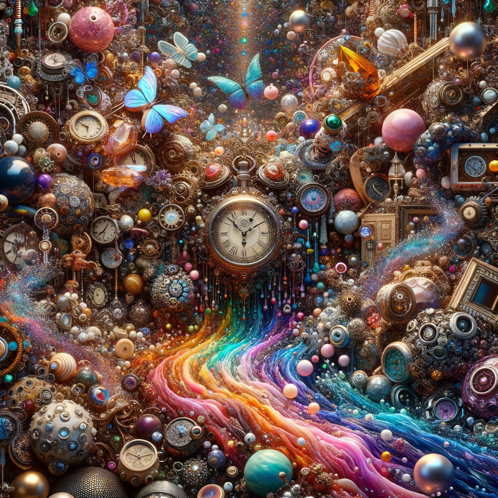 Vibrant Collage of Clocks, Globes, and Butterflies