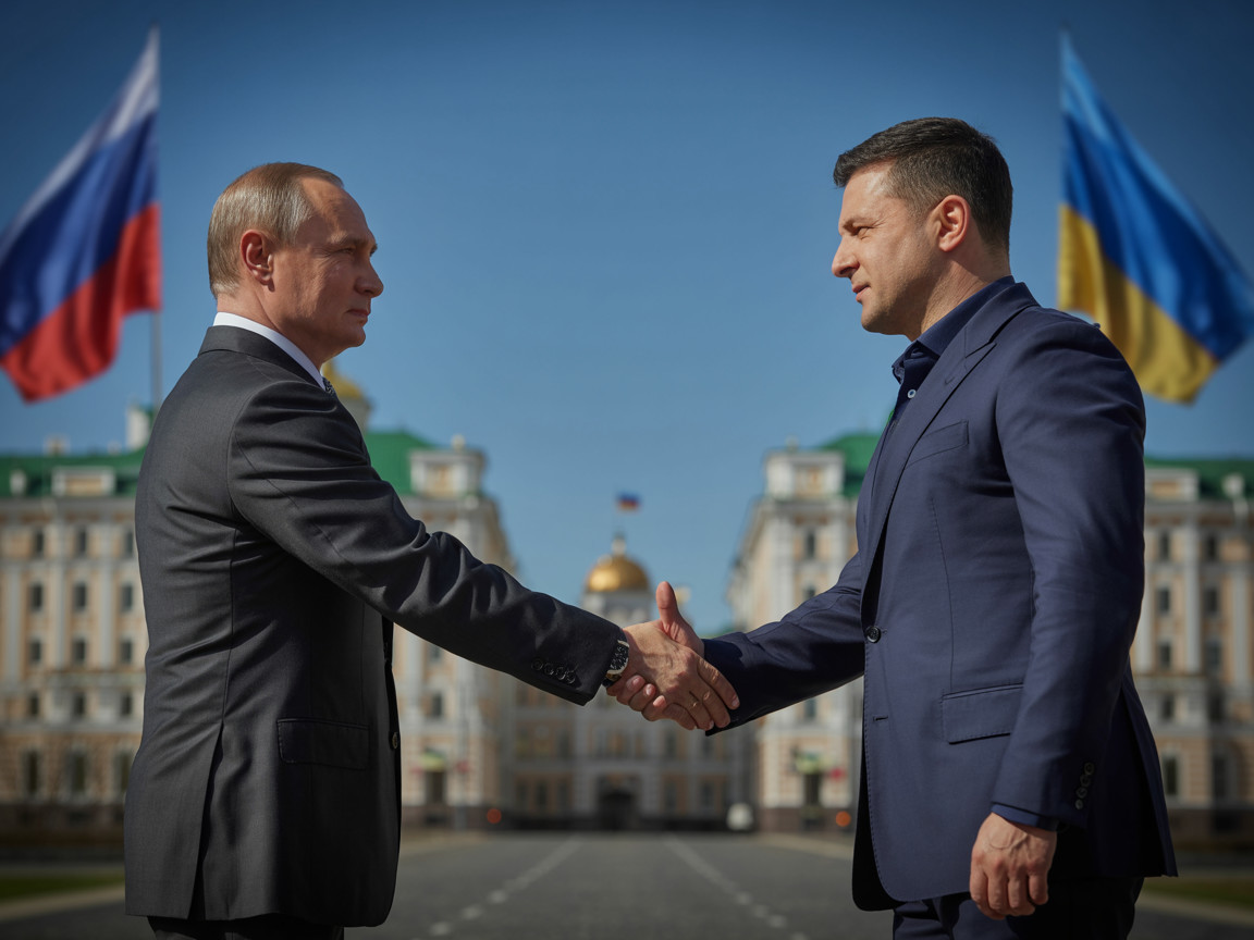 Leaders Shake Hands at Diplomatic Meeting with Flags