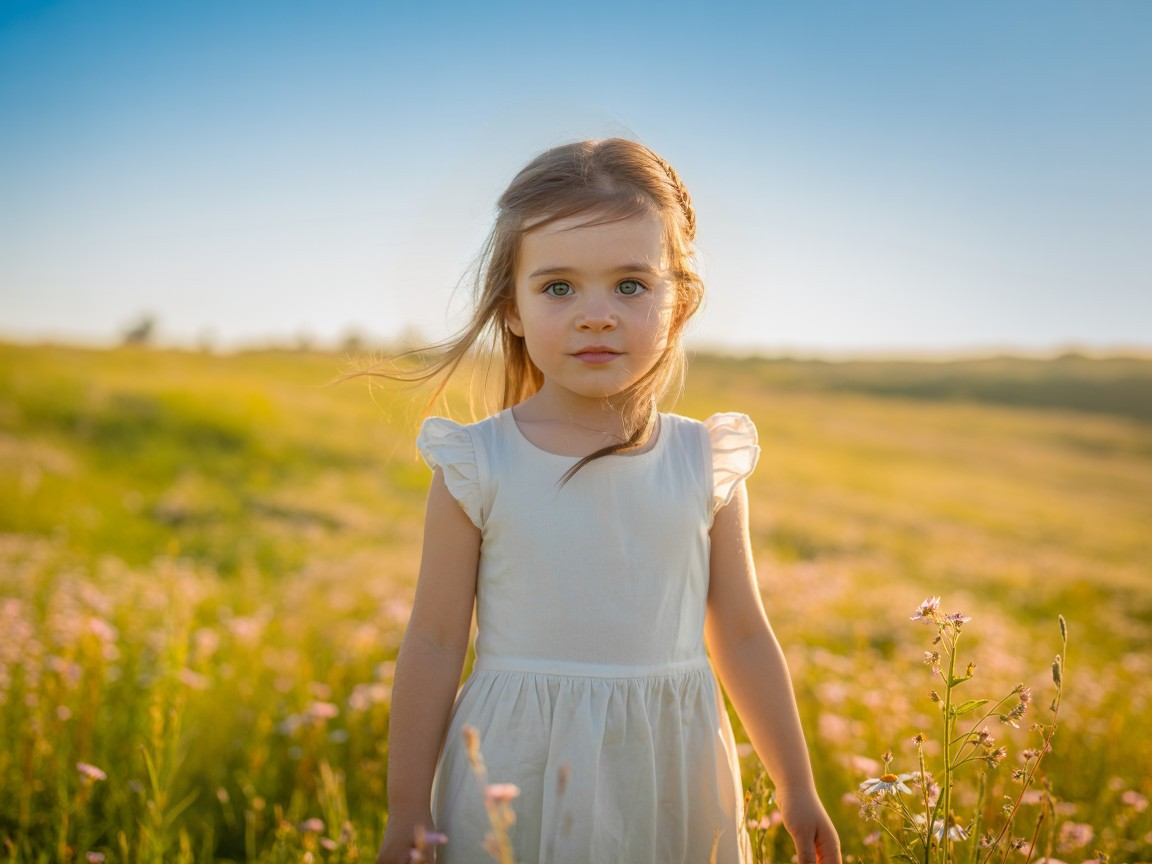 Young girl in sunlit field with blooming wildflowers