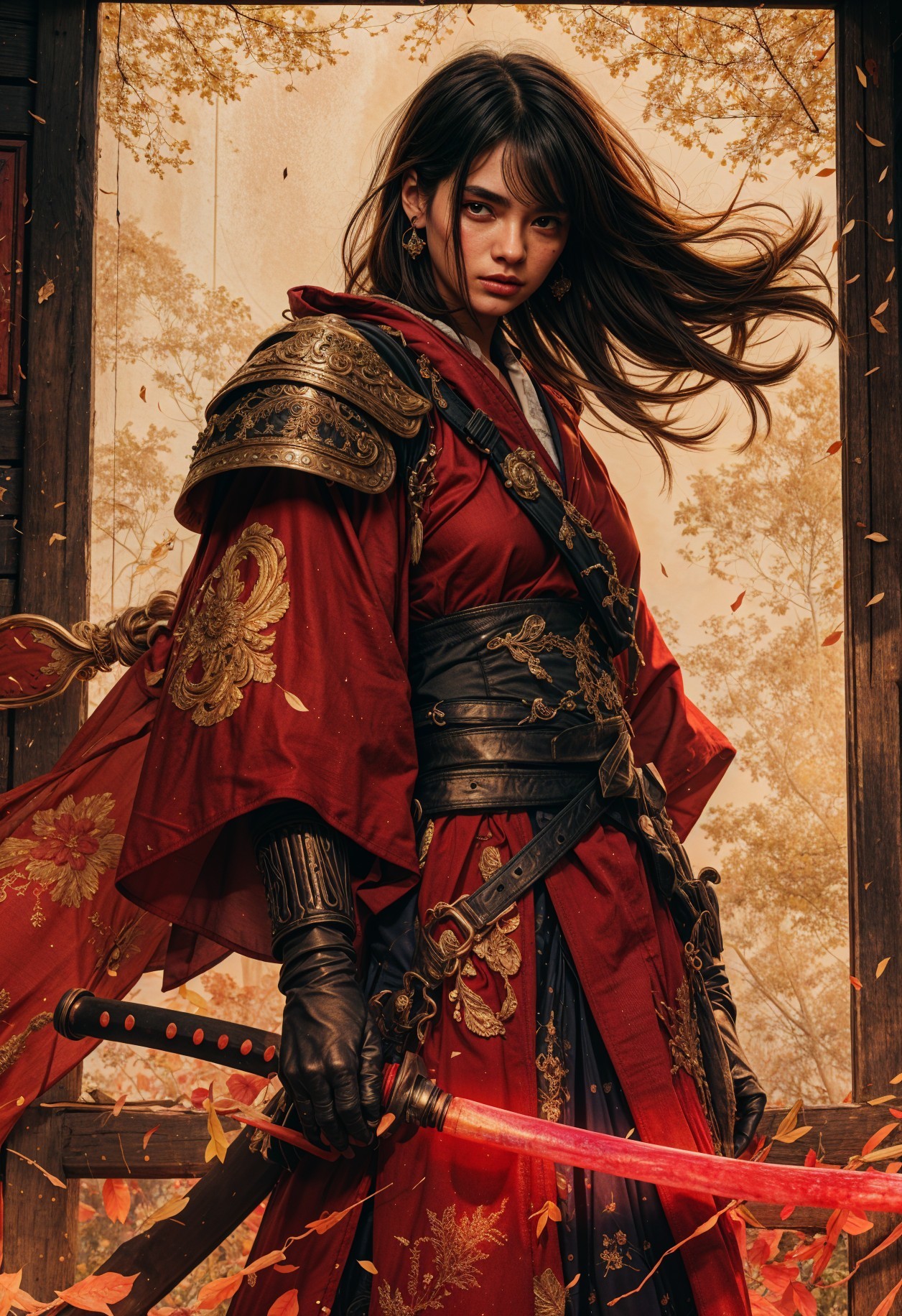 Fierce warrior in red robe with glowing sword and leaves