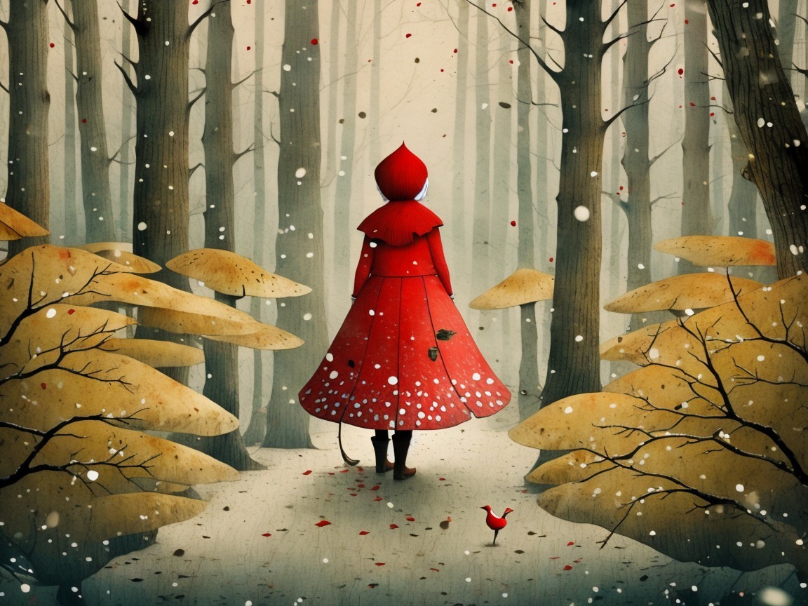 Girl in red cloak in a whimsical snowy forest