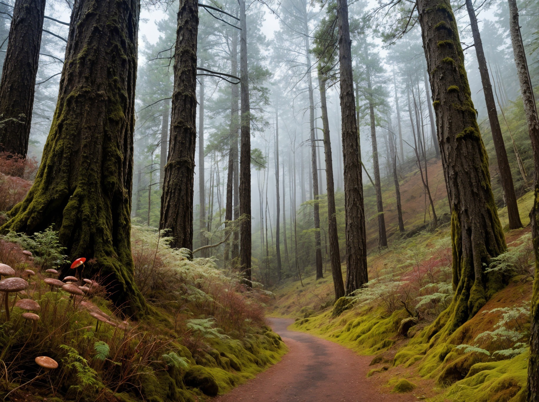 Serene misty forest with towering trees and path