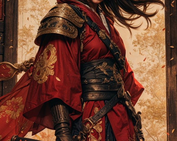 Fierce warrior in red robe with glowing sword and leaves