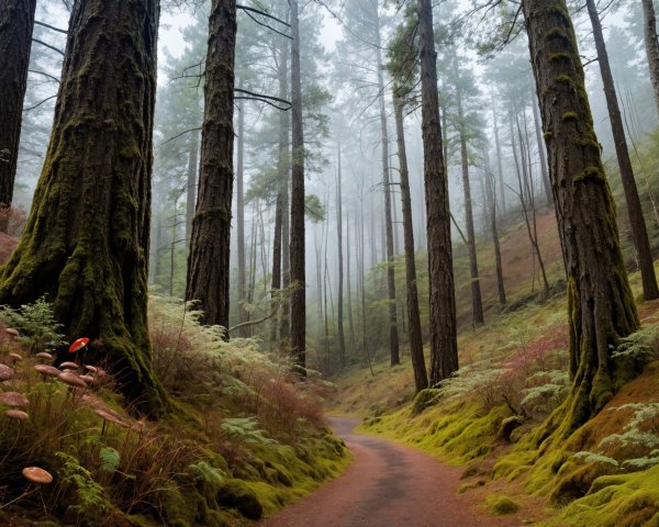 Serene misty forest with towering trees and path