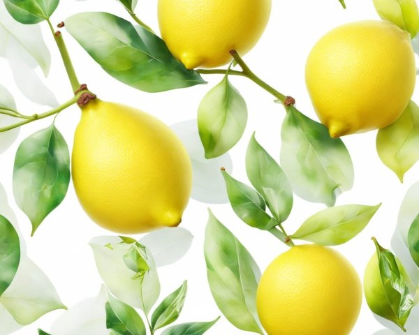 Bright Yellow Lemons with Green Leaves on White Background