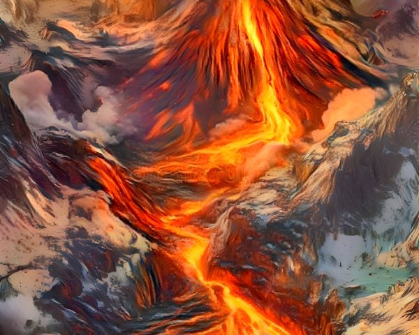 Volcanic Mountain with Lava Flow at Twilight Sky