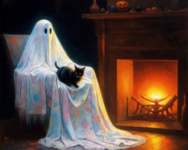 Cozy Room with Friendly Ghost and Black Cat