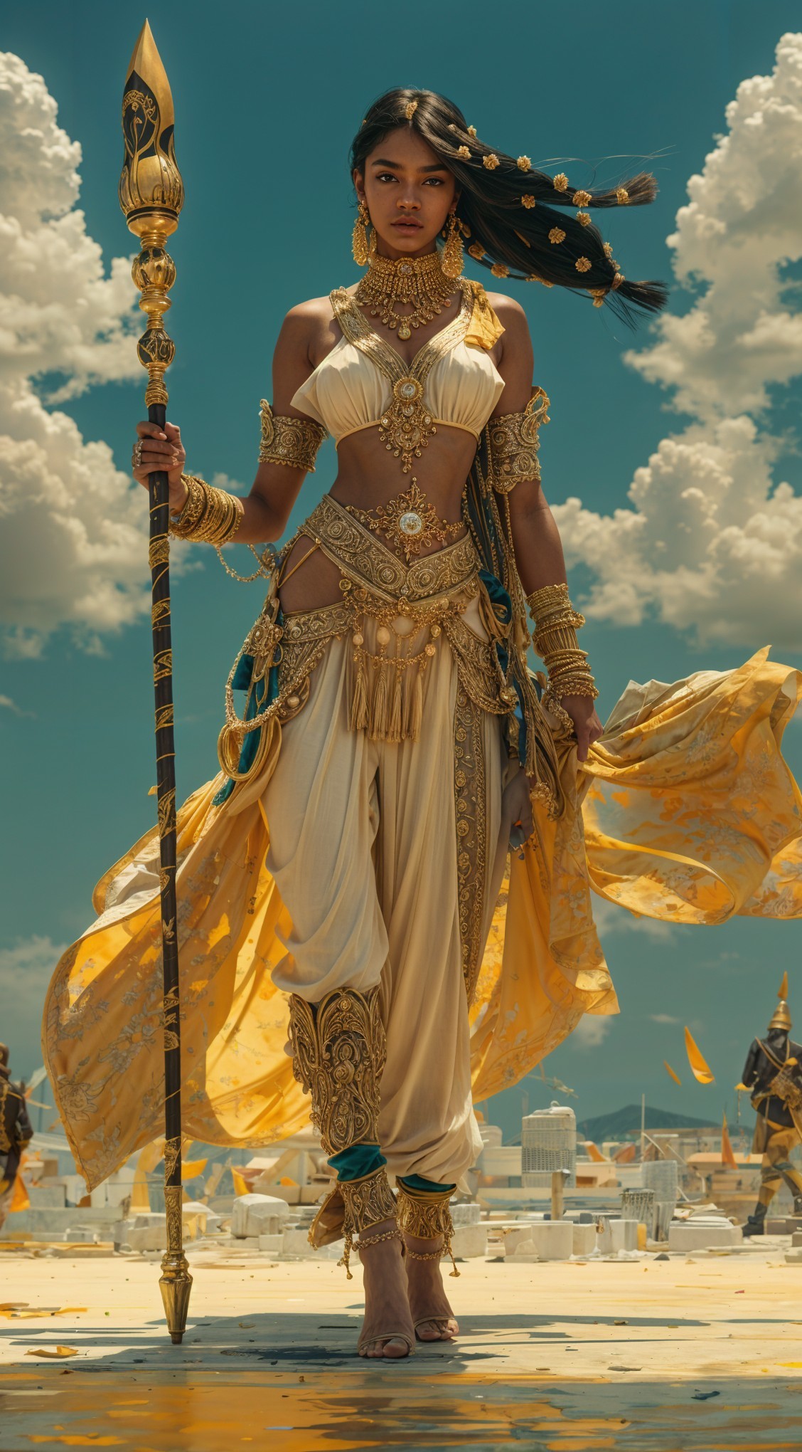 Majestic figure in golden armor with dramatic sky backdrop