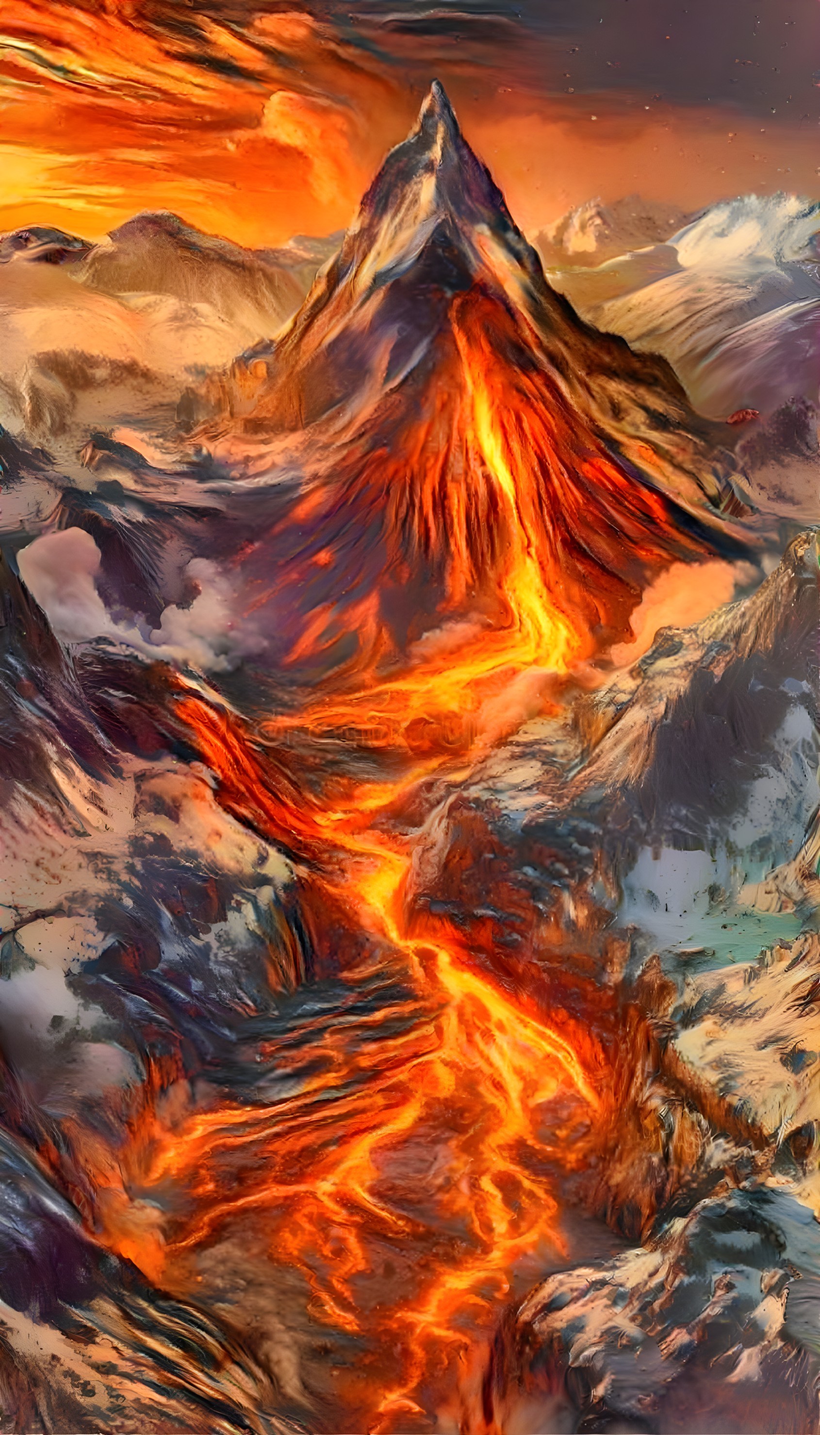 Volcanic Mountain with Lava Flow at Twilight Sky
