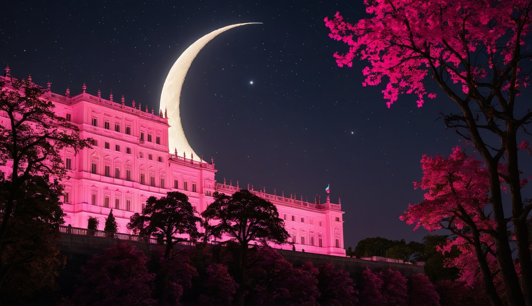 Grand Building Illuminated Under a Starry Night Sky